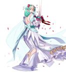  1girl aqua_eyes aqua_hair bare_shoulders dress feather_trim fire_emblem fire_emblem:_souen_no_kiseki fire_emblem_heroes flower full_body hair_ornament headpiece highres holding holding_sword holding_weapon long_hair official_art pikomaro sigrun solo strapless strapless_dress sword weapon wedding_dress white_dress 