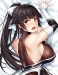  1girl absurdres alternate_costume azur_lane back bed_sheet black_bodysuit black_hair blush bodysuit bow breasts covered_nipples dakimakura elbow_gloves embarrassed eyebrows_visible_through_hair fingerless_gloves gloves hair_bow hair_flaps highres large_breasts leotard long_hair looking_at_viewer looking_back lying okitakung on_side open_mouth ponytail sideboob solo sweatdrop takao_(azur_lane) upper_body white_gloves yellow_eyes 