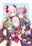  5girls belt breasts cleavage closed_eyes commentary demon_horns double_bun eyepatch flower flower_wreath green_hair hair_between_eyes hair_flower hair_ornament highres honey_strap horns hug kusumoto_shizuru multiple_girls navel purple_eyes red_eyes saionji_mary sekishiro_mico shimamura_charlotte silver_hair simple_background smile sougetsu_eli suou_patra virtual_youtuber 