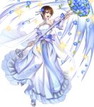  1girl artist_request bangs bare_shoulders blue_eyes breasts brown_hair dress feather_trim fire_emblem fire_emblem:_souen_no_kiseki fire_emblem_heroes flower full_body hair_ornament highres holding medium_breasts official_art shiny shiny_hair short_hair solo tanith transparent_background wedding_dress white_dress 