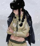  1girl anchor black_hair braid closed_mouth crossed_arms fur_hat hair_over_shoulder hat highres jacket jacket_on_shoulders jewelry kantai_collection kitakami_(kantai_collection) long_hair long_sleeves navel neckerchief papakha remodel_(kantai_collection) ring sailor_collar school_uniform serafuku sidelocks single_braid skirt snow solo zippo_teifujou 