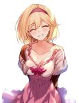  1girl ^_^ aki663 arms_behind_back blonde_hair breasts cleavage closed_eyes collarbone commentary_request djeeta_(granblue_fantasy) dress eyebrows_visible_through_hair facing_viewer granblue_fantasy hair_between_eyes hairband medium_breasts open_mouth pink_dress red_hairband short_hair simple_background smile solo teeth upper_body white_background 