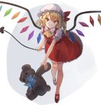  1girl :o ascot bangs blonde_hair blue_bow blue_neckwear blush bow bowtie commentary_request crystal eyebrows_visible_through_hair flandre_scarlet full_body hair_between_eyes hat hat_ribbon holding holding_stuffed_animal kasuka_(kusuki) laevatein long_hair looking_at_viewer mary_janes mob_cap one_side_up open_mouth petticoat pointy_ears puffy_short_sleeves puffy_sleeves red_eyes red_footwear red_ribbon red_skirt red_vest ribbon shirt shoes short_sleeves sidelocks skirt skirt_set solo stuffed_animal stuffed_toy teddy_bear touhou vest white_background white_headwear white_shirt wings yellow_neckwear 
