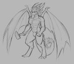  2019 anthro changeling_tale digitigrade dragon grey_background hammer horn lo&#039;crav_(changeling_tale) male monochrome nude simple_background smile solo standing tools watsup wings 