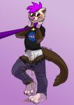  2019 anthro black_eyes blush brown_fur bulge clothed clothing collar compression_artifacts domestic_ferret fur hair hi_res leash male mammal mustela mustelid musteline nasa omorashi pants_down partially_clothed peeing petplay pink_hair purple_hair redfeatherstorm roleplay simple_background solo tan_fur underwear urine watersports wetting 