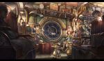  ass brown_hair commentary fantasy glasses highres indoors letterboxed luggage mikan_yuzuko orange_hair original plague_doctor_mask scenery signature sitting steam steampunk suitcase train_interior umbrella window 