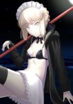  1girl absurdres artoria_pendragon_(all) artoria_pendragon_(swimsuit_rider_alter) beach bikini black_bikini black_bow black_jacket black_legwear blonde_hair blurry blurry_background bow breasts daiz1213 fate/grand_order fate_(series) frilled_bikini_top frilled_skirt frills hair_bow highres holding hood hood_down hooded_jacket jacket looking_at_viewer maid_headdress miniskirt night night_sky open_clothes open_jacket outdoors short_hair sideboob skirt sky small_breasts solo star_(sky) starry_sky swimsuit thighhighs white_skirt yellow_eyes 