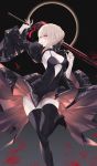  1girl armpits arms_up artoria_pendragon_(all) bangs black_bow black_dress black_legwear blonde_hair blood bloody_weapon blush bow braid breasts choker cleavage crown_braid dark_excalibur dress eclipse excalibur eyebrows_visible_through_hair fate/grand_order fate_(series) hair_between_eyes hair_bow hair_ornament hair_ribbon highres holding holding_sword holding_weapon knight leg_up long_sleeves looking_away looking_to_the_side neon_(pixiv_31150749) onna_kishi_(maoyuu) pale_skin parted_lips ribbon saber saber_alter short_hair slit_pupils solo standing standing_on_one_leg sword teeth thighhighs thighs weapon wide_sleeves yellow_eyes 