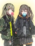  2girls artist_request bubble_blowing chewing_gum english_commentary eyebrows_visible_through_hair girls_frontline green_hair grey_hair hair_ribbon hands_in_pockets highres hood hooded_jacket jacket multiple_girls one_eye_closed pantyhose ribbon siblings side_ponytail sisters skirt strap ump40_(girls_frontline) ump45_(girls_frontline) yellow_eyes younger 