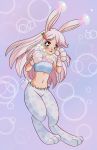  2019 absurd_res anthro blue_fur blush breasts bubble carrot clothed clothing digital_media_(artwork) female food fur gloves green_eyes hair hi_res lagomorph leporid mammal megubunnii multicolored_fur open_mouth paws plant rabbit retro simple_background small_breasts smile solo usawa_fuwakaru vegetable white_fur 