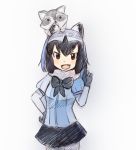  2018 5_fingers ambiguous_gender animal_humanoid arai-san armwear biped black_bottomwear black_clothing black_eyes black_gloves black_hair black_skirt blue_clothing blue_shirt blue_topwear blush bottomwear bow_tie breasts brown_eyes carrying clothed clothing dot_eyes duo eye_markings facial_markings fangs female feral front_view fully_clothed fur fur_trim_(clothing) gesture gloves grey_ears grey_fur grey_hair hair half-length_portrait hatching_(art) humanoid iceeye_ena japanese kemono_friends larger_female larger_humanoid light_skin looking_at_viewer mammal markings multicolored_hair on_head open_mouth open_smile pointing portrait procyonid procyonid_humanoid quadruped raccoon raccoon_humanoid shadow shirt short_hair simple_background size_difference skirt smaller_ambiguous smaller_feral smile smirk smug standing tan_skin topwear two_tone_hair white_background white_hair 