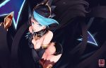  1girl artist_name bare_shoulders black_gloves black_hair black_legwear blue_eyes blue_hair breasts cleavage commentary_request elbow_gloves evelynn finger_to_mouth fingernails from_above gloves large_breasts league_of_legends long_hair looking_at_viewer nekomimipunks sharp_fingernails signature sleeveless solo teeth thighhighs 