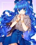  1girl bangs blue_eyes blue_hair blue_skirt bow bracelet cheunes cowboy_shot debt drawstring floating_hair grey_hoodie hair_bow hands_up highres hood hood_down hoodie jewelry long_hair long_skirt looking_at_viewer parted_lips purple_eyes short_sleeves skirt solo touhou very_long_hair wavy_hair yorigami_shion 