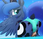  2019 blue_tail butt butt_focus clothing cutie_mark dialogue dock english_text equid eyelashes female feral friendship_is_magic grin hi_res horn macro mammal my_little_pony ncmares princess_luna_(mlp) rear_view ship smile sparkles swimwear text vehicle winged_unicorn wings 