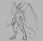  2019 anthro changeling_tale clothing digitigrade dragon grey_background hammer horn lo&#039;crav_(changeling_tale) male monochrome simple_background sketch smile solo standing tools underwear watsup wings 
