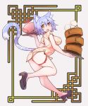  1girl animal_ears ass blue_hair blush breasts cat_ears cat_tail china_dress chinese_clothes chinese_food dress eyebrows_visible_through_hair food highres holding large_breasts looking_at_viewer open_mouth orange_eyes original ryota_tentei scar short_hair solo tail tora_tentei 