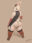  2019 animal_crossing anthro bangs big_butt black_clothing black_dress blush brown_hair butt butt_shot clothed clothing clothing_lift digital_media_(artwork) dress embarrassed eyelashes eyes_closed female fishnet fishnet_legwear fur garter_straps gloves hair hi_res lagomorph legwear leporid lipstick looking_back makeup mammal nintendo pinup pose rabbit rear_view red_gloves red_lipstick short_hair simple_background socks solo solo_focus standing stockings thick_thighs thigh_highs tiffany_(animal_crossing) turtleneck video_games voluptuous wardrobe_malfunction white_fur wide_hips zimabel 