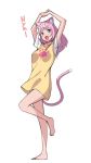  1girl :d animal_ear_fluff animal_ears arms_up bare_legs barefoot blue_eyes cat_ears cat_tail commentary fang full_body long_hair looking_at_viewer nyan open_mouth original paw_print pink_hair raglan_sleeves saiste shirt simple_background smile solo standing standing_on_one_leg t-shirt tail white_background yellow_shirt 