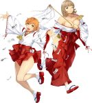  2girls bangs blunt_bangs breasts brown_eyes brown_hair cleavage eyebrows_visible_through_hair gohei hakama holding japanese_clothes katrina_company keychain large_breasts long_sleeves miko multiple_girls off_shoulder official_art ofuda one_eye_closed open_mouth orange_hair outstretched_arms parted_lips red_hakama ribbon-trimmed_sleeves ribbon_trim sandals shoe_dangle short_hair spread_arms super_robot_wars super_robot_wars_x-omega tabi transparent_background upper_teeth watanabe_wataru wide_sleeves 
