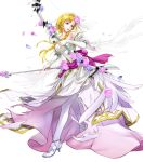  1girl bangs bare_shoulders blonde_hair bow_(weapon) breasts dress fire_emblem fire_emblem:_rekka_no_ken fire_emblem_heroes flower full_body hair_ornament highres holding holding_bow_(weapon) holding_weapon long_hair medium_breasts official_art purple_eyes shiny shiny_hair solo strapless strapless_dress weapon wedding_dress white_dress 