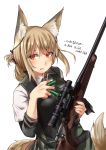  2019 amber_eyes animal_humanoid ayyh15 blush breasts canid canid_humanoid canine canine_humanoid clothed clothing english_text female fluffy fluffy_tail fox_humanoid fur gun hi_res holding_object holding_weapon humanoid inner_ear_fluff looking_at_viewer mammal ranged_weapon shotgun simple_background solo tan_fur text vest weapon white_background 