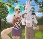  2019 5_fingers anthro blue_eyes breasts day detailed_background digital_media_(artwork) duo etskuni female fur lagomorph lemur leporid male mammal outside primate rabbit sky smile white_fur 