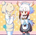  2girls absurdres alpaca_ears alpaca_suri_(kemono_friends) alpaca_tail alternate_costume animal_ears apron bangs bird_tail bird_wings blunt_bangs blush commentary_request cowboy_shot empty_eyes enmaided extra_ears eyebrows_visible_through_hair flying_sweatdrops frills fur-trimmed_sleeves fur_collar fur_trim furrowed_eyebrows hair_bun hands_up head_wings heart heart_background highres holding holding_tray horizontal_pupils japanese_crested_ibis_(kemono_friends) kemono_friends kneehighs legwear_under_shorts long_hair long_sleeves looking_at_another looking_down maid maid_apron maid_headdress medium_hair multicolored_hair multiple_girls open_mouth pantyhose rakugakiraid red_hair short_over_long_sleeves short_sleeves shorts sidelocks smile standing striped striped_legwear sweater sweater_vest tail translation_request tray waist_apron white_hair white_legwear wings yellow_eyes 