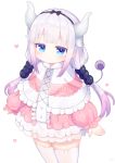  1girl bangs black_bow black_hairband blue_eyes blush bow capelet center_frills closed_mouth commentary_request cowboy_shot dress eyebrows_visible_through_hair frills gradient_hair hair_bow hair_ornament hairband heart highres horns kanna_kamui kobayashi-san_chi_no_maidragon koko_ne_(user_fpm6842) long_sleeves looking_at_viewer low_twintails multicolored_hair pink_dress puffy_long_sleeves puffy_sleeves purple_hair short_dress sidelocks silver_hair simple_background skindentation sleeves_past_wrists solo standing tail_raised thighhighs twintails white_background white_capelet white_legwear 