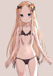  1girl abigail_williams_(fate/grand_order) bangs bare_shoulders bikini black_bikini black_bow blonde_hair blue_eyes blush bow breasts collarbone fate/grand_order fate_(series) forehead gantan hair_bow highres long_hair looking_at_viewer navel open_mouth orange_bow parted_bangs polka_dot polka_dot_bikini polka_dot_bow simple_background small_breasts solo swimsuit 