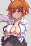  1girl ahoge black_legwear black_skirt blush breasts chaldea_uniform cleavage collarbone commentary_request eyebrows_visible_through_hair fate/grand_order fate_(series) fujimaru_ritsuka_(female) hair_between_eyes hair_ornament hair_scrunchie highres large_breasts long_sleeves looking_at_viewer norlun one_side_up open_clothes open_shirt orange_eyes orange_hair pantyhose pleated_skirt scrunchie short_hair side_ponytail simple_background skirt smile solo white_background 