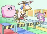  1girl 2boys bandaid bandana bandana_waddle_dee blue_eyes blush_stickers bonziri_1658 cape commentary_request conveyor_belt disembodied_limb extra_eyes fangs floating horns hurdle kirby kirby_(series) long_hair mario_party minigame multiple_boys no_mouth open_mouth pink_hair polearm red_neckwear red_scarf scarf short_hair spear susie_(kirby) taranza tears weapon white_eyes white_hair yellow_eyes 