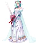  1girl aqua_eyes aqua_hair bare_shoulders dress feather_trim fire_emblem fire_emblem:_souen_no_kiseki fire_emblem_heroes flower full_body hair_ornament headpiece highres holding holding_sword holding_weapon long_hair official_art pikomaro sigrun solo strapless strapless_dress sword weapon wedding_dress white_dress 