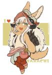  1other animal_ears artist_name blush character_name eyebrows_visible_through_hair full_body furry green_eyes heart kawasemi27 looking_at_viewer made_in_abyss nanachi_(made_in_abyss) open_mouth short_hair_with_long_locks smile twitter_username white_hair 