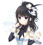  1girl 2019 bangs black_hair black_shirt black_sleeves breasts character_name collared_shirt commentary_request copyright_name detached_sleeves eyebrows_visible_through_hair fingernails hands_up hat idolmaster idolmaster_shiny_colors kazano_hiori long_hair long_sleeves looking_at_viewer medium_breasts mini_hat mitha parted_lips purple_eyes shirt signature simple_background solo star starry_background tilted_headwear upper_body vest white_background white_headwear white_vest 