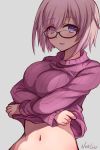  1girl artist_name blush breasts clothes_pull commentary_request eyebrows_visible_through_hair eyes_visible_through_hair fate/grand_order fate_(series) glasses hair_over_one_eye highres large_breasts lavender_hair looking_at_viewer mash_kyrielight navel norlun pink_hair purple_eyes purple_hair short_hair simple_background smile solo sweater sweater_pull upper_body white_background 