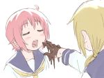  2girls bangs blonde_hair blue_sailor_collar blush chocolate_on_fingers closed_eyes collarbone commentary_request eyebrows_visible_through_hair feeding fingernails food_on_finger hair_between_eyes ichii_yui long_hair long_sleeves multiple_girls nonohara_yuzuko open_mouth pink_hair sailor_collar school_uniform serafuku shirt short_hair simple_background sweat umiroku white_background white_shirt yellow_neckwear yuyushiki 