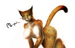  2017 all_fours anthro big_breasts breasts cheetah dialogue felid feline female green_eyes huge_breasts mammal nipples nude open_mouth simple_background smile solo watsup white_background 