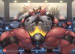  2019 abs anthro black_fur bna_v5 body_hair bulge clothing detailed_background felid feline fur hi_res incineroar male mammal muscular muscular_male nintendo nipples pecs pok&eacute;mon pok&eacute;mon_(species) red_fur sharp_teeth solo spread_legs spreading stripes sweat teeth thong video_games 