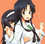  2girls bangs black_hair black_neckwear blouse blue_eyes blue_hair breast_grab breasts brown_eyes commentary eyebrows_visible_through_hair female_pervert freckles frown girls_und_panzer grabbing grabbing_from_behind hagiya_masakage hairband half-closed_eyes long_hair long_sleeves medium_breasts multiple_girls neckerchief ooarai_school_uniform open_mouth orange_background pervert reizei_mako school_uniform serafuku simple_background sparkle standing sweatdrop translated w_arms white_blouse white_hairband yamagou_ayumi 