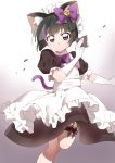  1boy absurdres alternate_costume alternate_hair_length alternate_hairstyle animal_ears apron bangs black_dress black_hair blush bob_cut cat_ears cat_tail catboy crossdressing dress enmaided eyebrows_visible_through_hair garters gloves highres long_hair looking_at_viewer maid maid_apron maid_headdress male_focus multicolored_hair otoko_no_ko puffy_short_sleeves puffy_sleeves purple_eyes purple_hair rayuse sai_(weapon) shinkansen_henkei_robo_shinkalion short_sleeves shuriken simple_background solo tail tsukiyama_shinobu two-tone_hair white_apron white_background white_gloves 