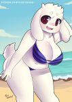  anthro beach belly big_breasts bikini blush boss_monster bovid breasts caprine clothing female floppy_ears fur hi_res horn mammal navel red_eyes rizkitsuneki seaside short_tail smile solo swimwear thick_thighs toriel undertale underwear video_games white_fur 