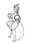  2017 anthro big_hands dragon flat_chested hand_on_hip horn monochrome navel nude on_one_leg simple_background solo standing thick_thighs watsup white_background wide_hips 