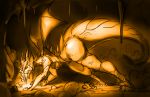  2016 all_fours anthro breasts cave clothing dragon egg female horn monochrome nipple_outline open_mouth solo spikes thick_thighs tongue tongue_out torn_clothing transformation watsup wings 