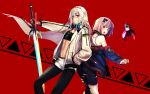  2girls altera_(fate) ass back bare_shoulders black_legwear dark_skin fate/grand_order fate_(series) floating full_body_tattoo hand_in_pocket headphones headphones_around_neck helena_blavatsky_(fate/grand_order) highres holding holding_sword holding_weapon i-pan jacket looking_at_viewer multiple_girls navel open_mouth purple_eyes purple_hair red_eyes short_hair shorts solo sword tattoo torn_clothes veil weapon white_hair 