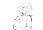  2017 anthro big_breasts breasts dinosaur female hair half-length_portrait hand_on_breast monochrome nipples nude portrait reptile scalie simple_background smile snout solo watsup white_background 