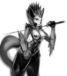  2017 anthro breasts canid canine canis female mammal melee_weapon monochrome navel nipples nude pussy simple_background sketch solo sword thick_thighs watsup weapon white_background wolf 