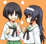  2girls =3 angry bangs black_eyes black_hair black_neckwear blouse blunt_bangs blush bob_cut brown_eyes commentary eyebrows_visible_through_hair flying_sweatdrops frown fume girls_und_panzer green_skirt hagiya_masakage hairband hand_on_another&#039;s_chest long_hair long_sleeves looking_at_another multiple_girls neckerchief ooarai_school_uniform open_mouth orange_background pleated_skirt reizei_mako school_uniform serafuku short_hair simple_background skirt sono_midoriko standing translated v-shaped_eyebrows white_blouse white_hairband 