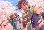  2boys ^_^ arms_behind_head battle_tendency blonde_hair blush brown_hair caesar_anthonio_zeppeli cherry_blossoms closed_eyes facial_mark feathers fingerless_gloves gloves green_jacket hair_feathers headband jacket jojo_no_kimyou_na_bouken joseph_joestar_(young) midriff multiple_boys scar scarf tangsong v 