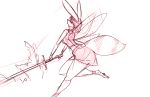  2017 anthro bottomwear breasts clothing eyes_closed female hair melee_weapon mits_(character) monochrome shirt simple_background sketch skirt solo species_request sword thick_thighs topwear watsup weapon white_background wings 