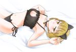  1girl animal_ears ark-art arm_up armpits bangs bed_sheet bell bell_choker black_bra black_choker black_panties blonde_hair blunt_bangs bra breasts cat_cutout cat_ear_panties cat_ears cat_lingerie choker cleavage cleavage_cutout closed_mouth commentary cutlass_(girls_und_panzer) eyebrows_visible_through_hair eyelashes fake_animal_ears frilled_bra frills girls_und_panzer groin half-closed_eyes jingle_bell light_blush light_frown looking_at_viewer lying medium_breasts meme_attire navel on_back on_bed panties short_hair side-tie_panties solo underwear underwear_only yellow_eyes 